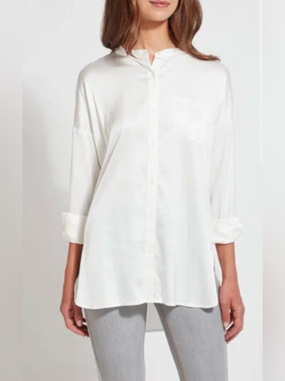 NWT Lysse Eco Off-White Button-Front Satin Tunic Blouse (sold out at Nordstrom)